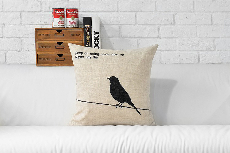 black birds branch pillow case decor cushion 18" square cotton linen home decoration