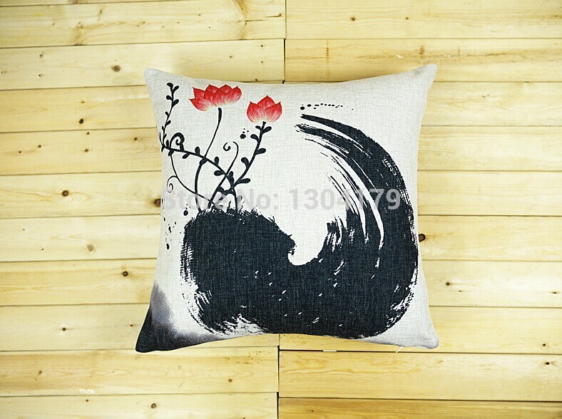 chinese traditional ink cushion pillow cover 2pcs lotus linen cotton sofa cover pillows decorate whole!