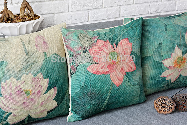 classical retro green chinese style lotus flower cushion cover ink painting pillow cover linen pillow case household decorative