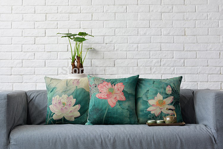 classical retro green chinese style lotus flower cushion cover ink painting pillow cover linen pillow case household decorative