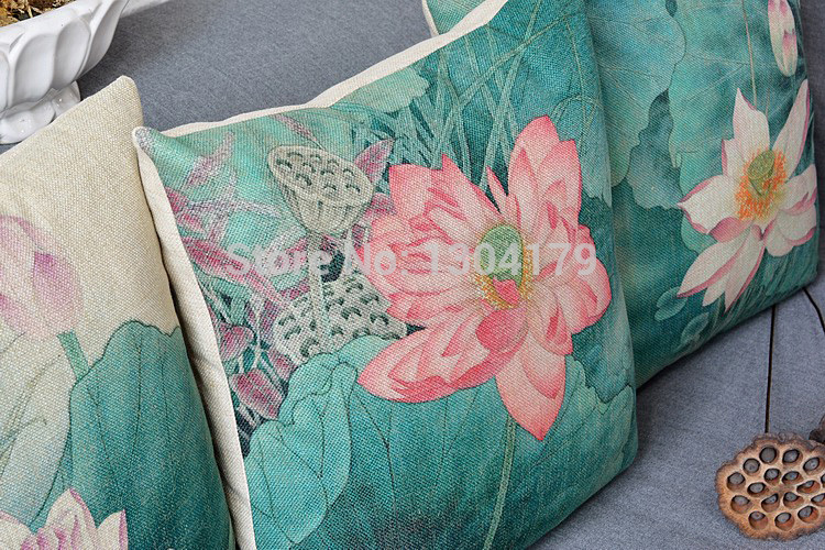 classical retro green chinese style lotus flower cushion cover ink painting pillow cover linen pillow case household decorative