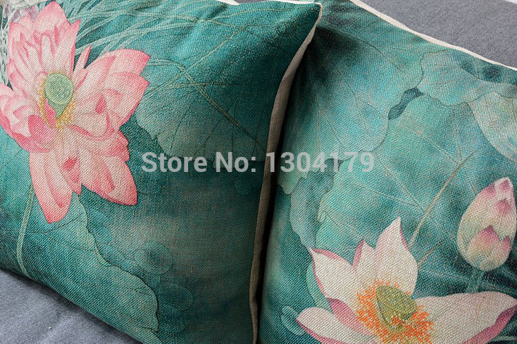 classical retro green chinese style lotus flower cushion cover ink painting pillow cover linen pillow case household decorative