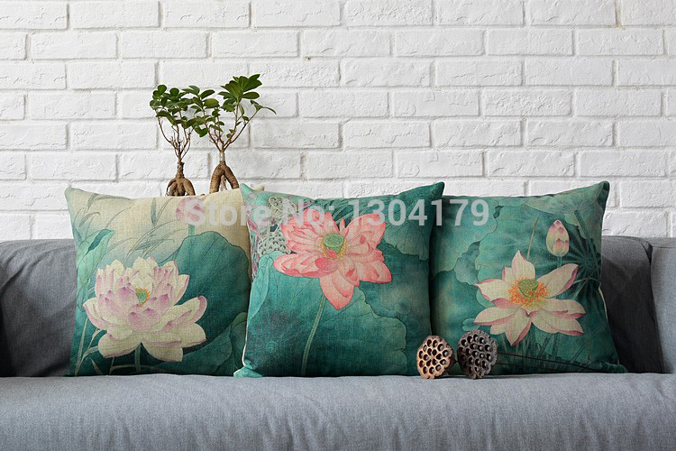 classical retro green chinese style lotus flower cushion cover ink painting pillow cover linen pillow case household decorative