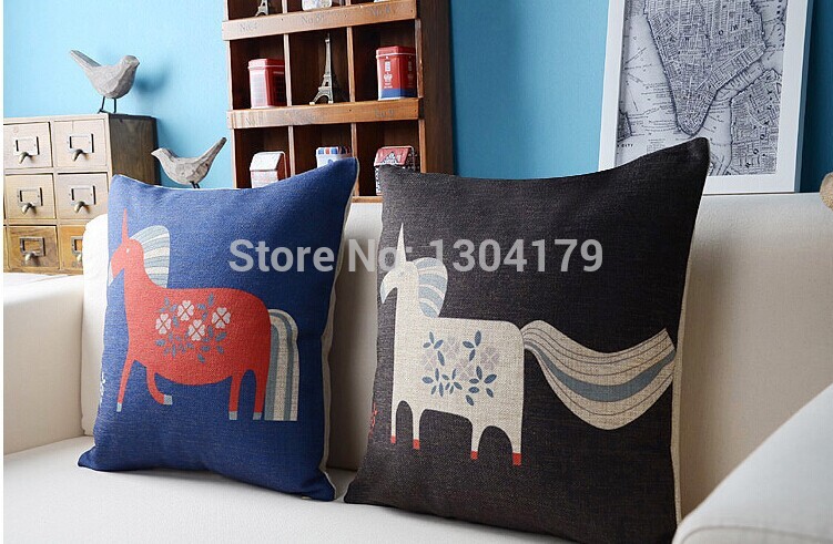 cotton liene decorative throw pillow case cushion cover cartoon horse black and blue square 18"