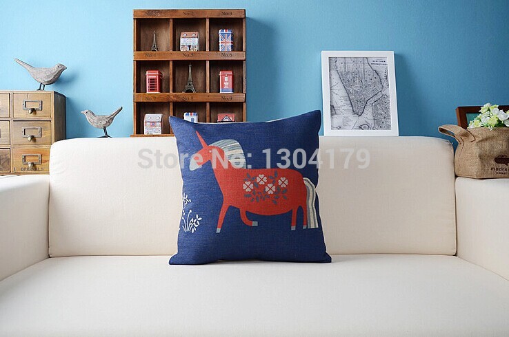 cotton liene decorative throw pillow case cushion cover cartoon horse black and blue square 18"