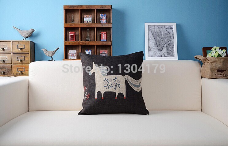 cotton liene decorative throw pillow case cushion cover cartoon horse black and blue square 18"