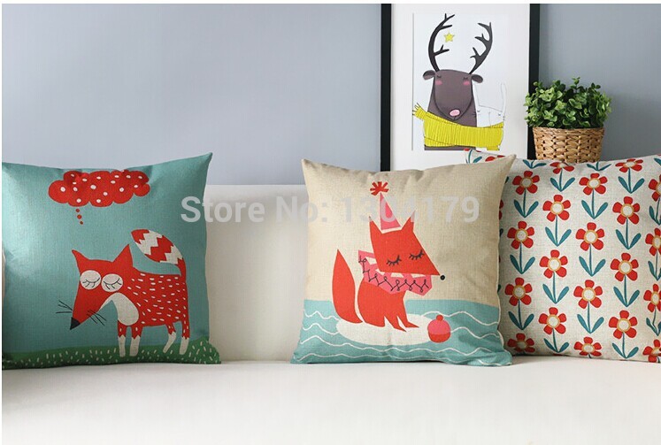 creative cute animal bear&fox&lion printed linen bedding sofa cushion cover pillow case whole