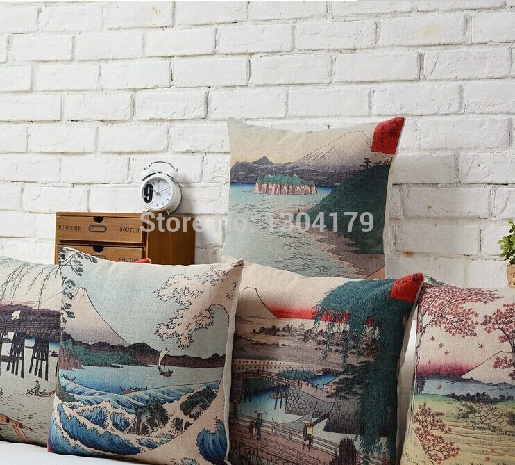 japanese print ukiyo-e mount fuji cotton cushion covers creative pillow cases 45x45cm nice home pillow decoration