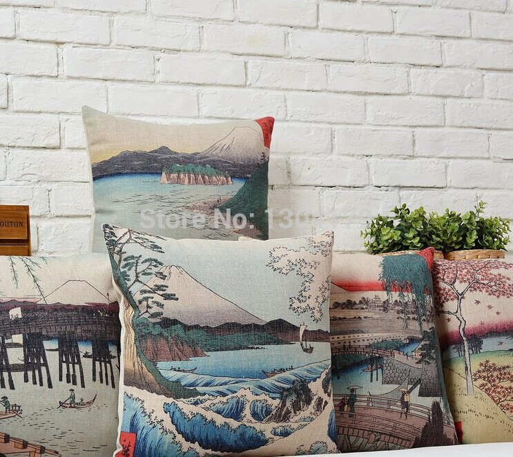 japanese print ukiyo-e mount fuji cotton cushion covers creative pillow cases 45x45cm nice home pillow decoration