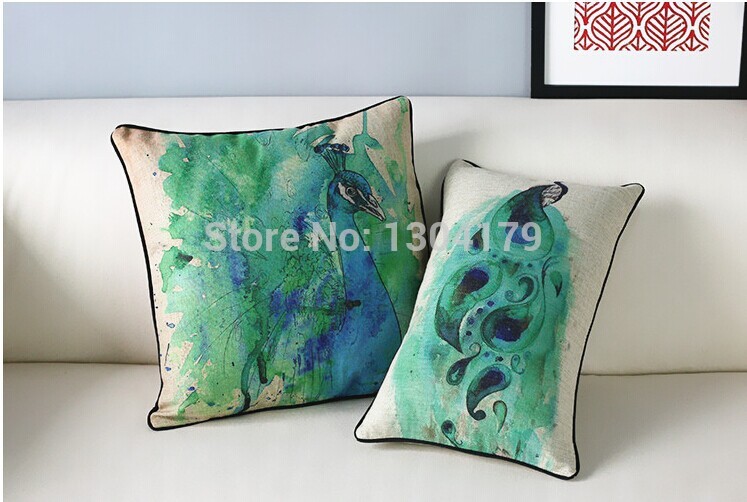 watercolor peacock printing cushions linen pillow cushion cover office cushions home decor 45*45cm 4pcs/lot