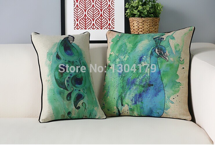 watercolor peacock printing cushions linen pillow cushion cover office cushions home decor 45*45cm 4pcs/lot