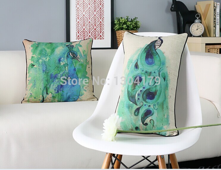 watercolor peacock printing cushions linen pillow cushion cover office cushions home decor 45*45cm 4pcs/lot