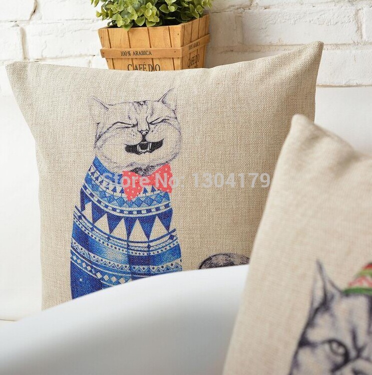 whole! 2 pcs cat blue and green cat cushion pillow cover line cotton sofa cushion cover 45cmx45cm