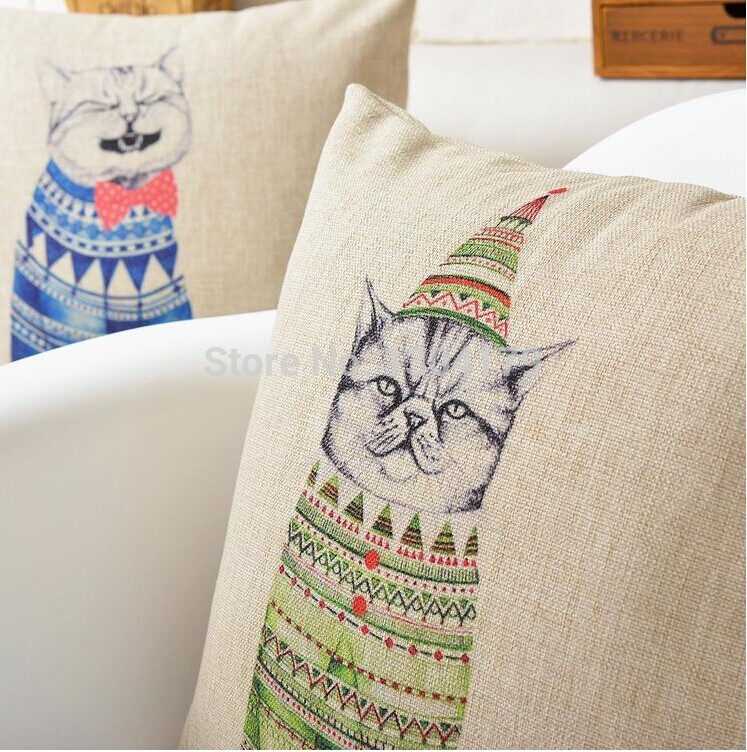 whole! 2 pcs cat blue and green cat cushion pillow cover line cotton sofa cushion cover 45cmx45cm