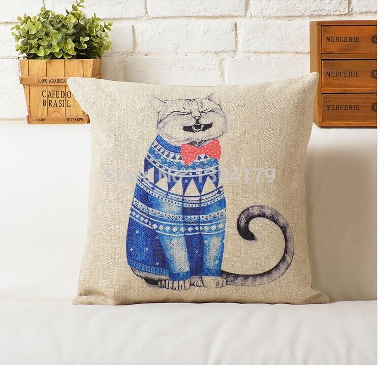 whole! 2 pcs cat blue and green cat cushion pillow cover line cotton sofa cushion cover 45cmx45cm