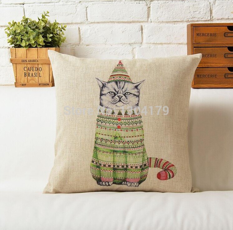 whole! 2 pcs cat blue and green cat cushion pillow cover line cotton sofa cushion cover 45cmx45cm