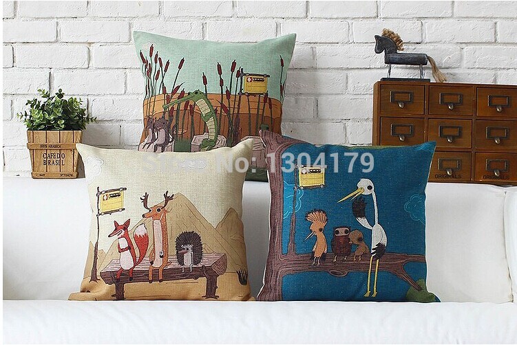 whole! 2 pcs retro nostalgia home pillow cover animals birds painting new cushion cover 45cm x 45cm