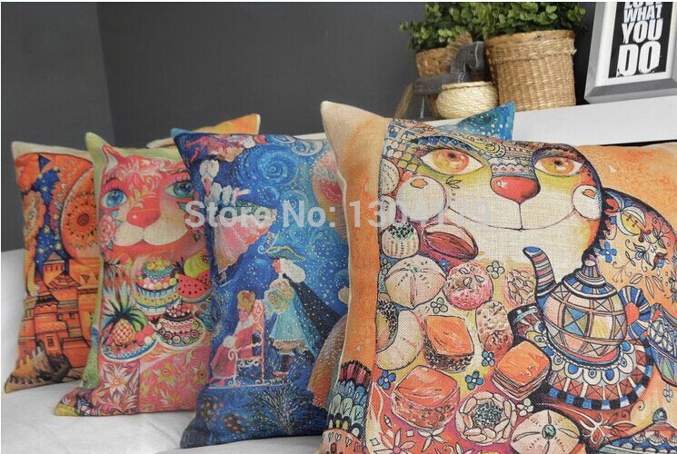 whole! 4pcs linen cotton pillow cover moden cushion cover flower cat pink colorways throw pillow