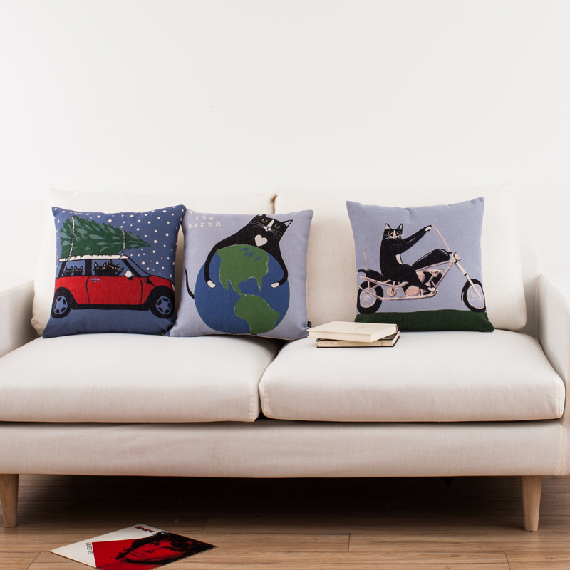 whole sofa pillow lovely cartoon cat driving car almofadas 45x45cm linen \ christmas gift decorative linen cushion