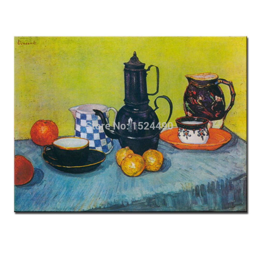 enamel coffeepot, earthenware and fruit of vincent van gogh reproduction oil painting on canvas wall art for home decor