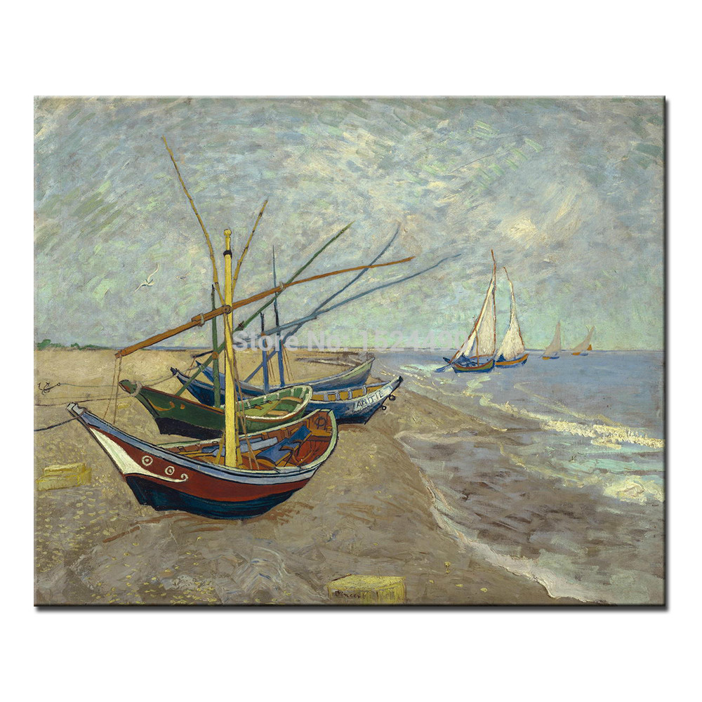 fishing boats on the beach at saintes-maries of vincent van gogh handmade reproduction oil painting on canvas wall art picture