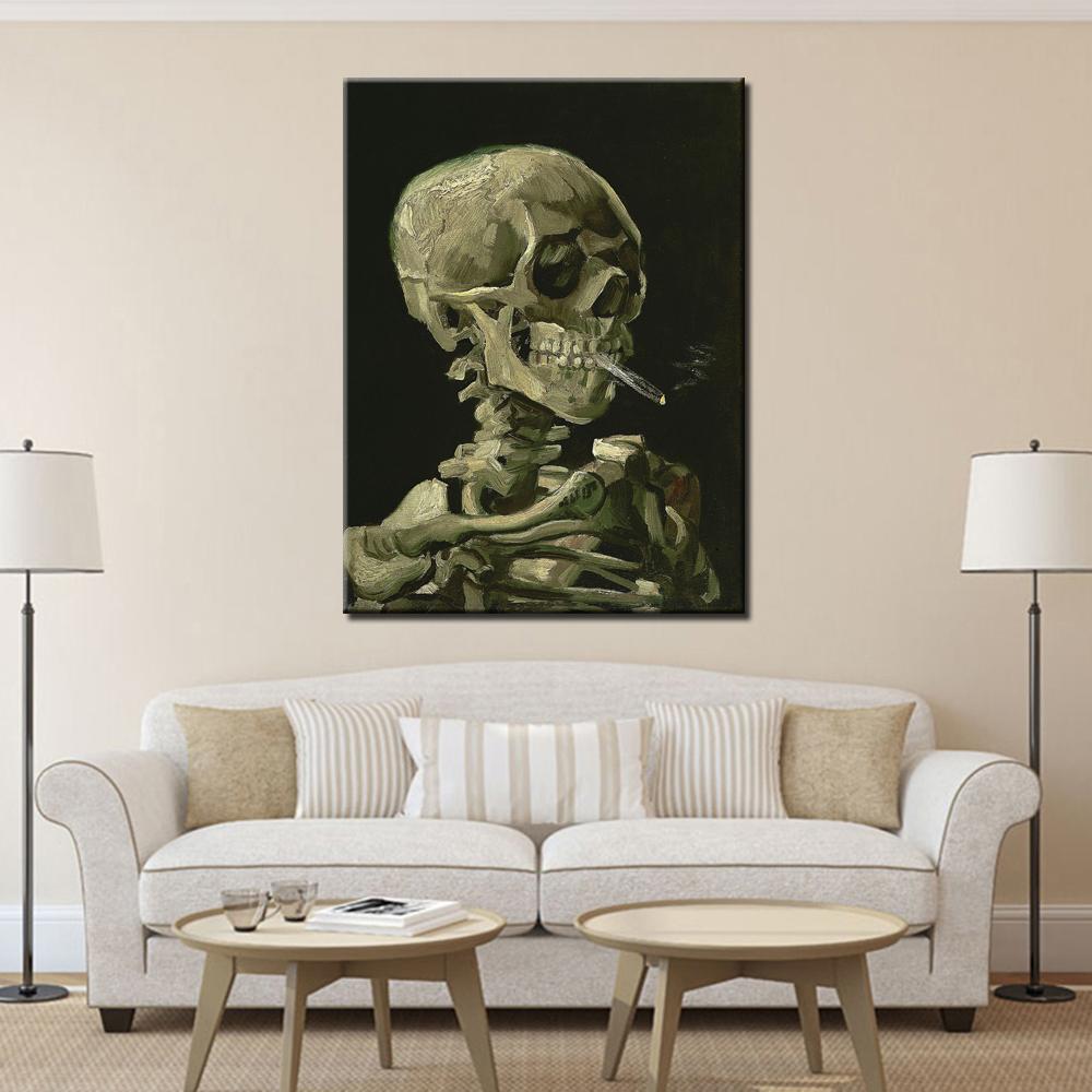 hand made reproduction skull with burning cigarette by vincent van gogh abstract oil painting on canvas wall art for home decor