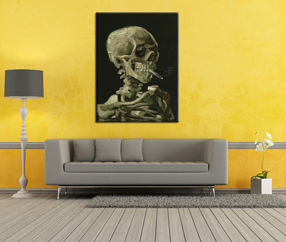 hand made reproduction skull with burning cigarette by vincent van gogh abstract oil painting on canvas wall art for home decor