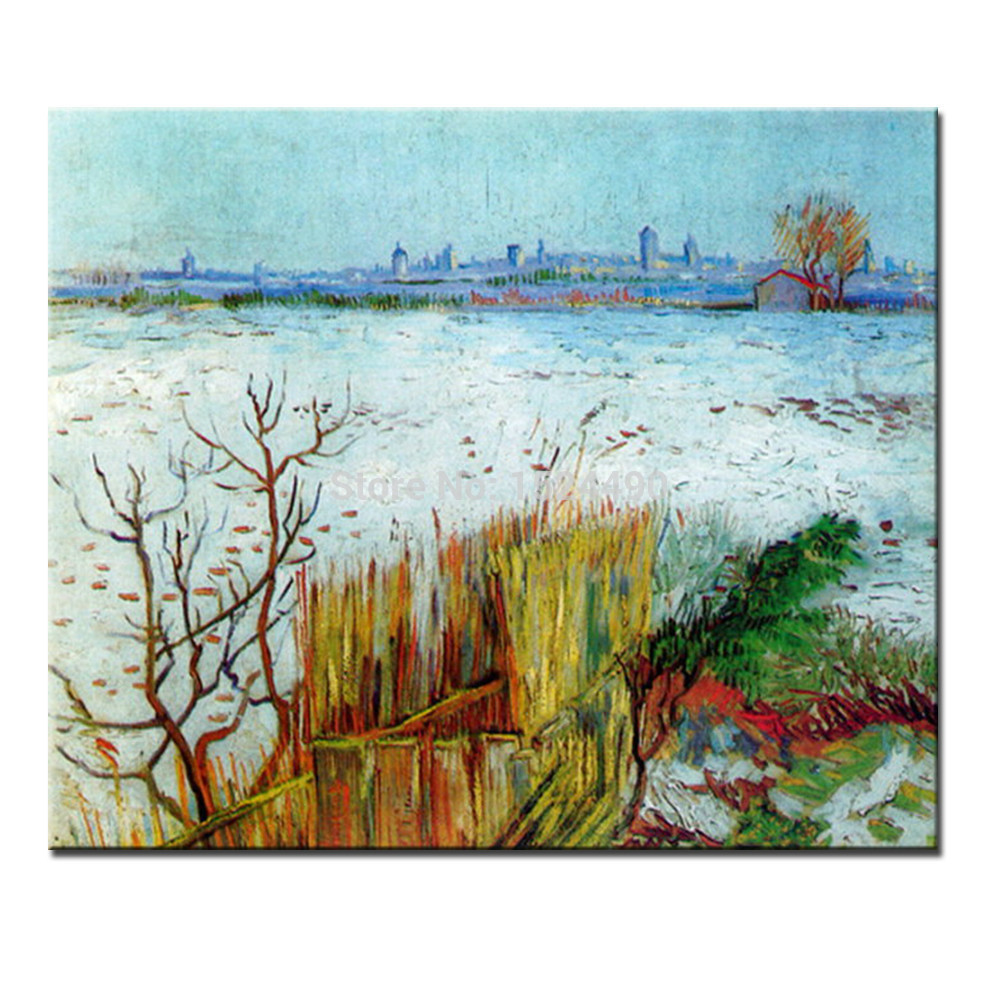 hand painted snowy landscape with arles in the background of vincent van gogh reproduction oil painting on canvas for home decor