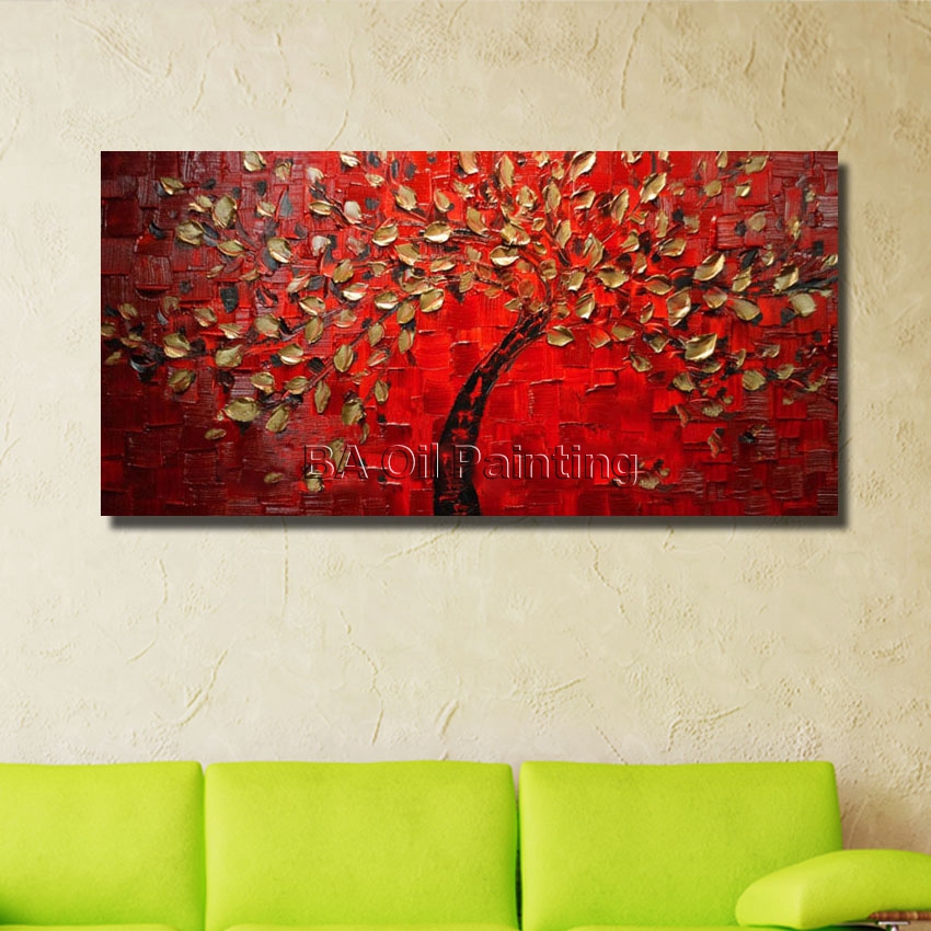 1 panel canvas art hand painted abstract red golden tree oil painting decorativos wall pictures for living room unframed hf0013