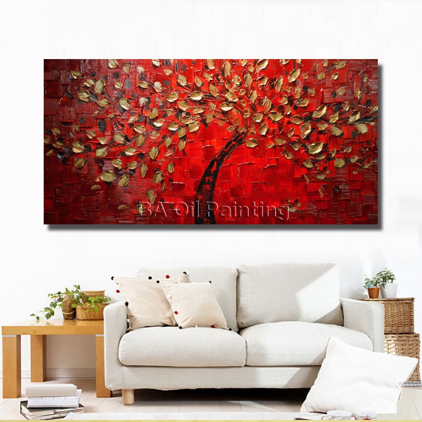 1 panel canvas art hand painted abstract red golden tree oil painting decorativos wall pictures for living room unframed hf0013