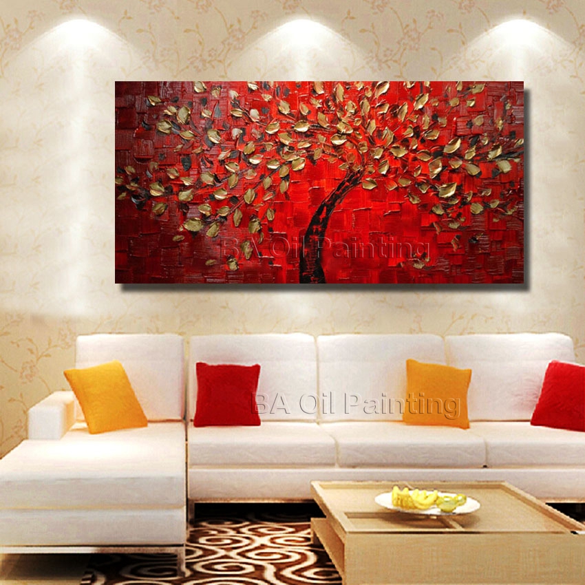 1 panel canvas art hand painted abstract red golden tree oil painting decorativos wall pictures for living room unframed hf0013