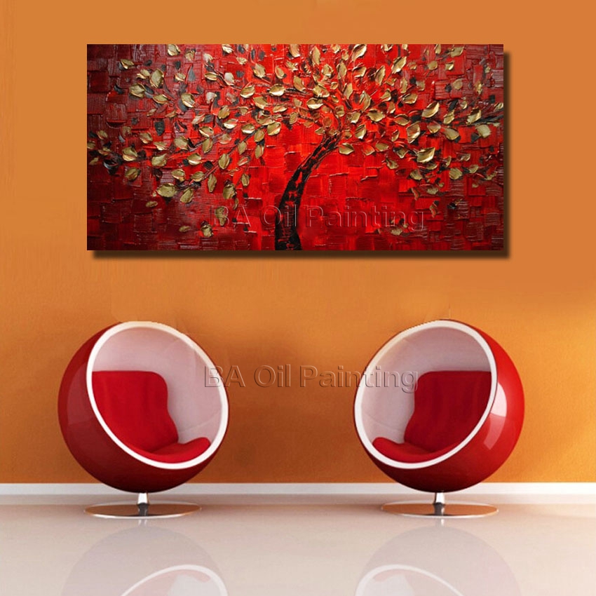 1 panel canvas art hand painted abstract red golden tree oil painting decorativos wall pictures for living room unframed hf0013