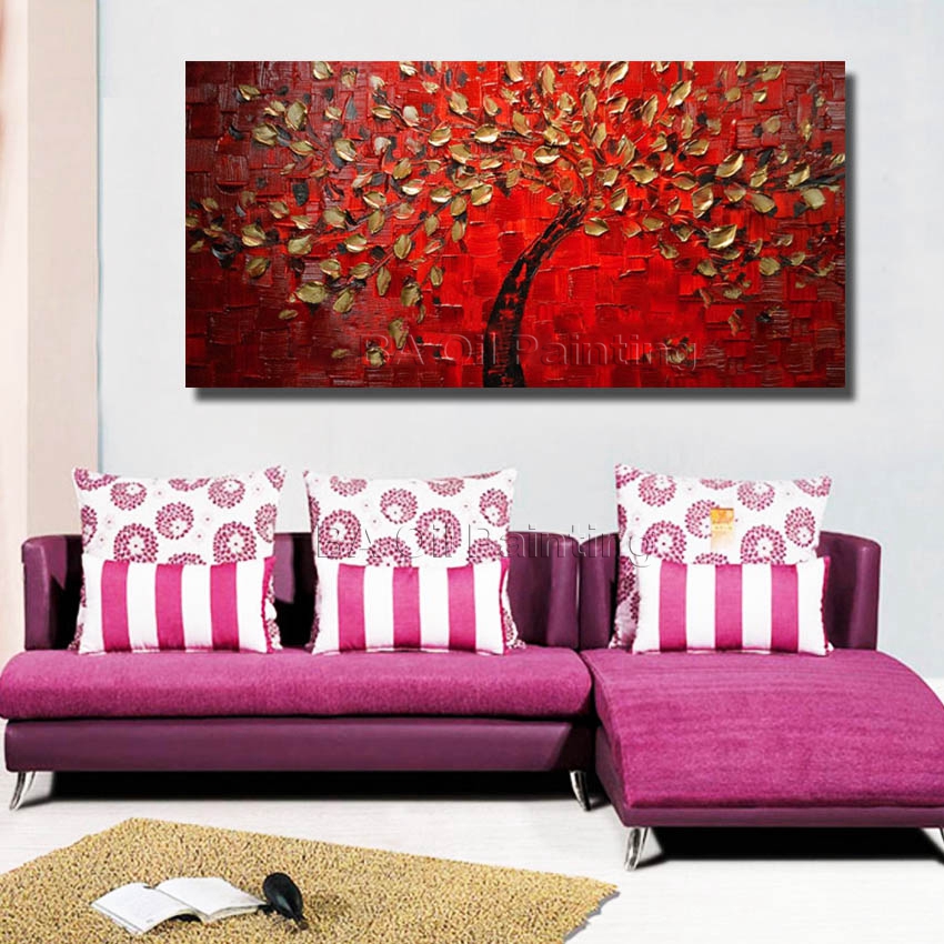 1 panel canvas art hand painted abstract red golden tree oil painting decorativos wall pictures for living room unframed hf0013