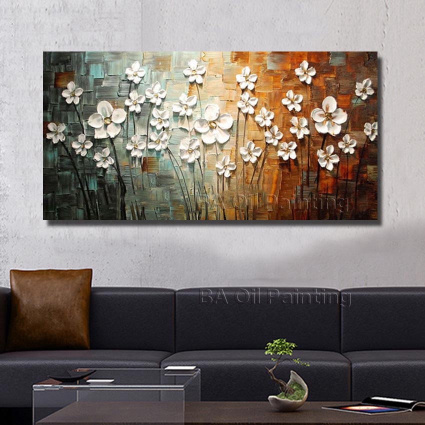 for sell wall art hand painted abstract white flower oil painting home pictures for living room unframed hf0020