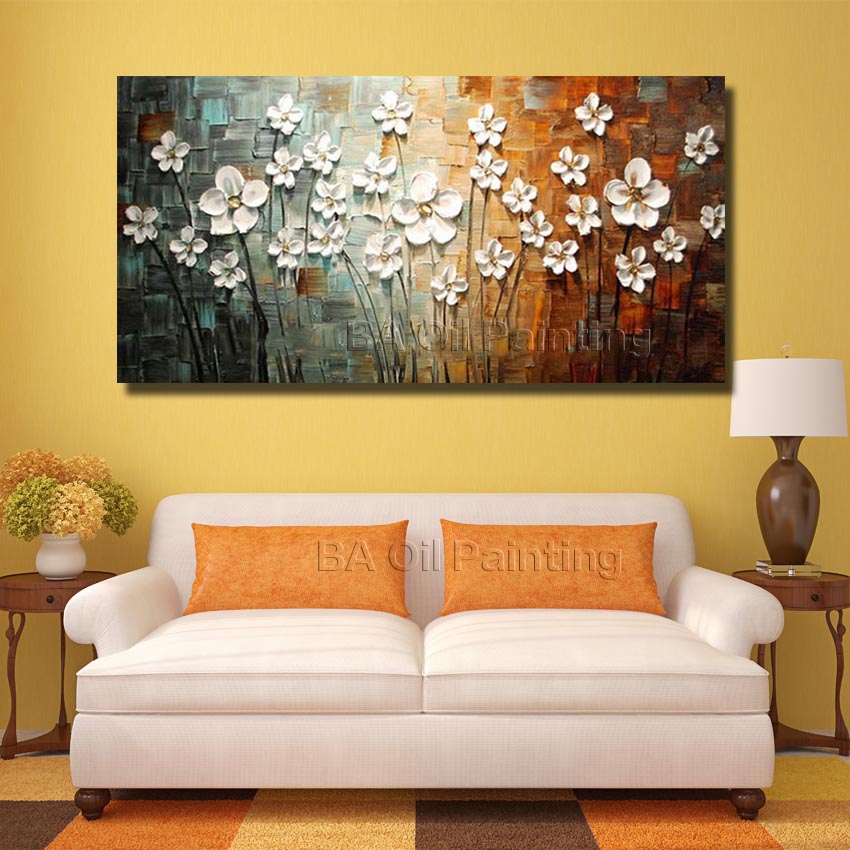 for sell wall art hand painted abstract white flower oil painting home pictures for living room unframed hf0020