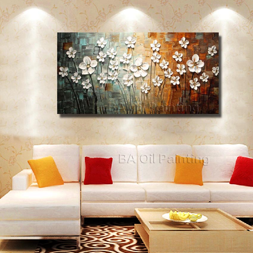 for sell wall art hand painted abstract white flower oil painting home pictures for living room unframed hf0020