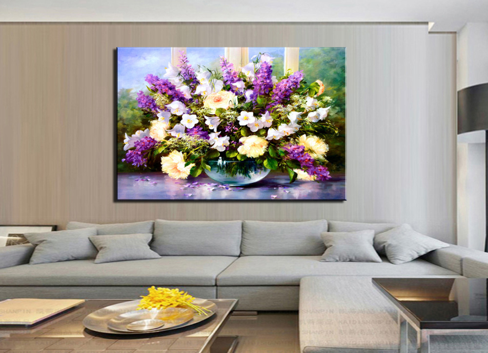 1 pieces popular hd modern wall painting white and purple flowers home wall art picture paint on canvas prints