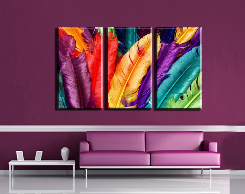 3 panels/set hd fresh look color feather modern wall painting decorative art picture print on canvas prints without frame