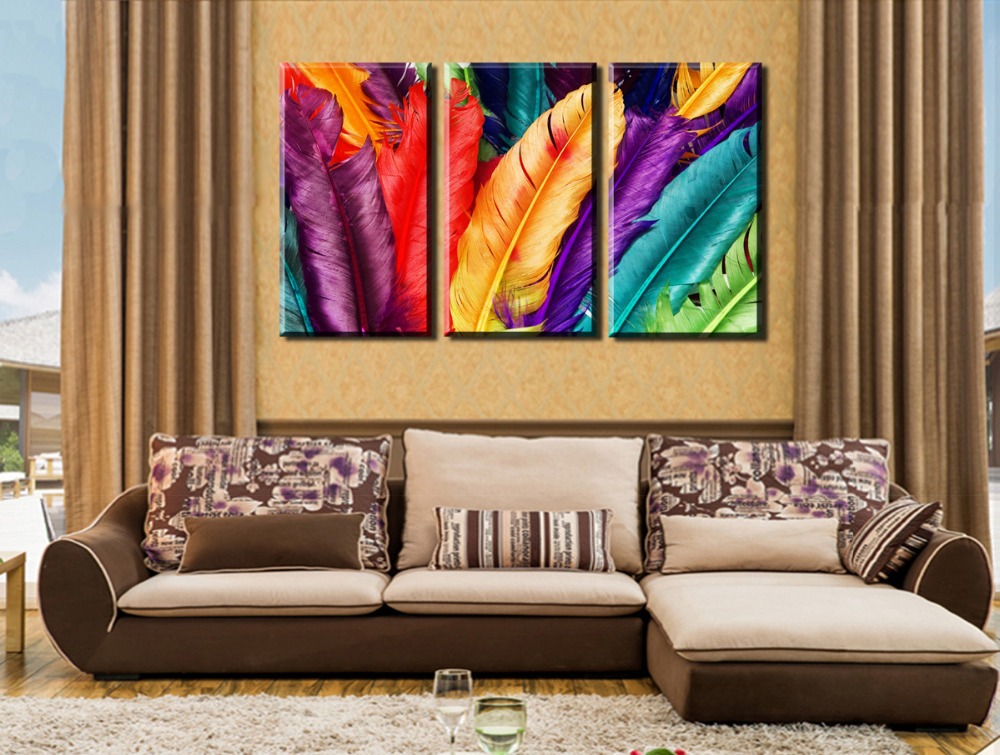 3 panels/set hd fresh look color feather modern wall painting decorative art picture print on canvas prints without frame