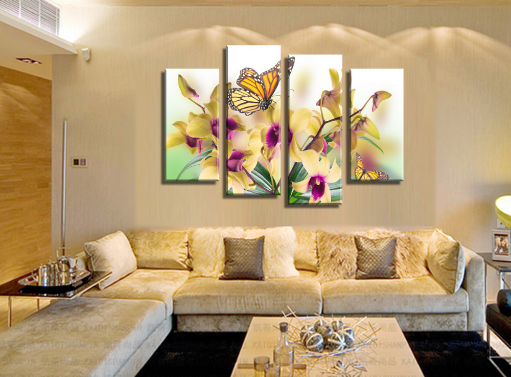 4 panels yellow phalaenopsis purple flower large hd picture canvas oil painting artwork modern decorationwall living room