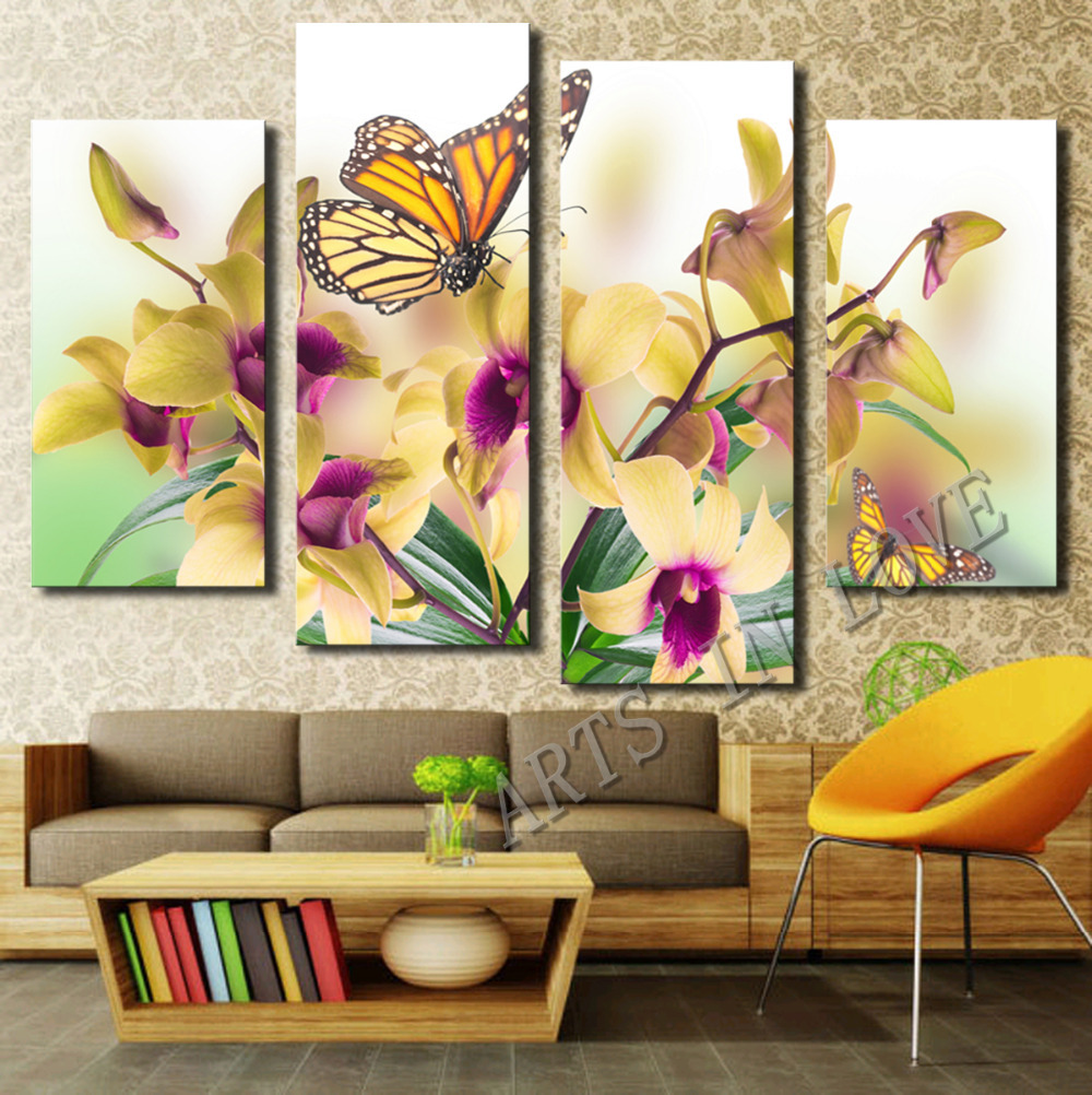 4 panels yellow phalaenopsis purple flower large hd picture canvas oil painting artwork modern decorationwall living room