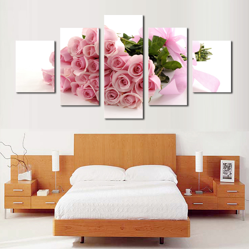 5 piece pink roses hd picture painting modern home wall decor for living room print painting on canvas art uframed
