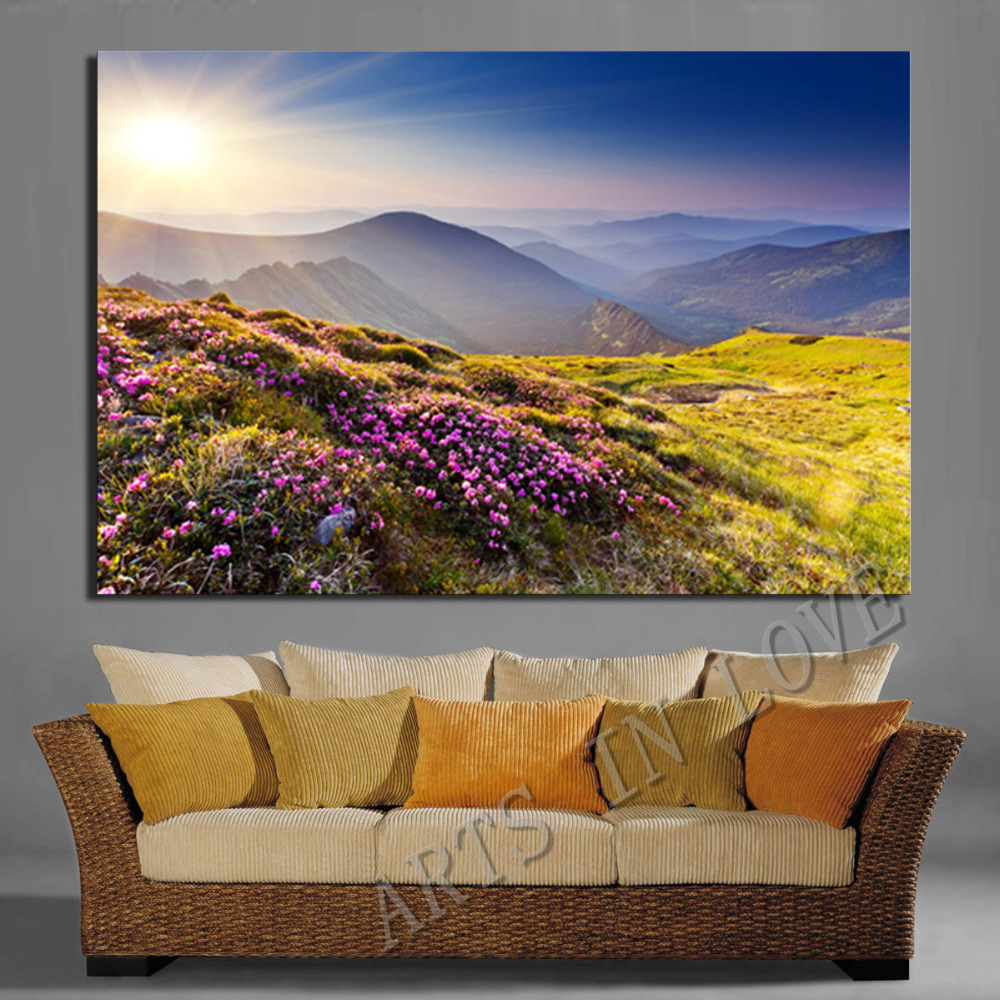 beautiful flowers and grass on hill ,1 panel/set hd canvas print painting artwork,, decorative painting s00351d-n
