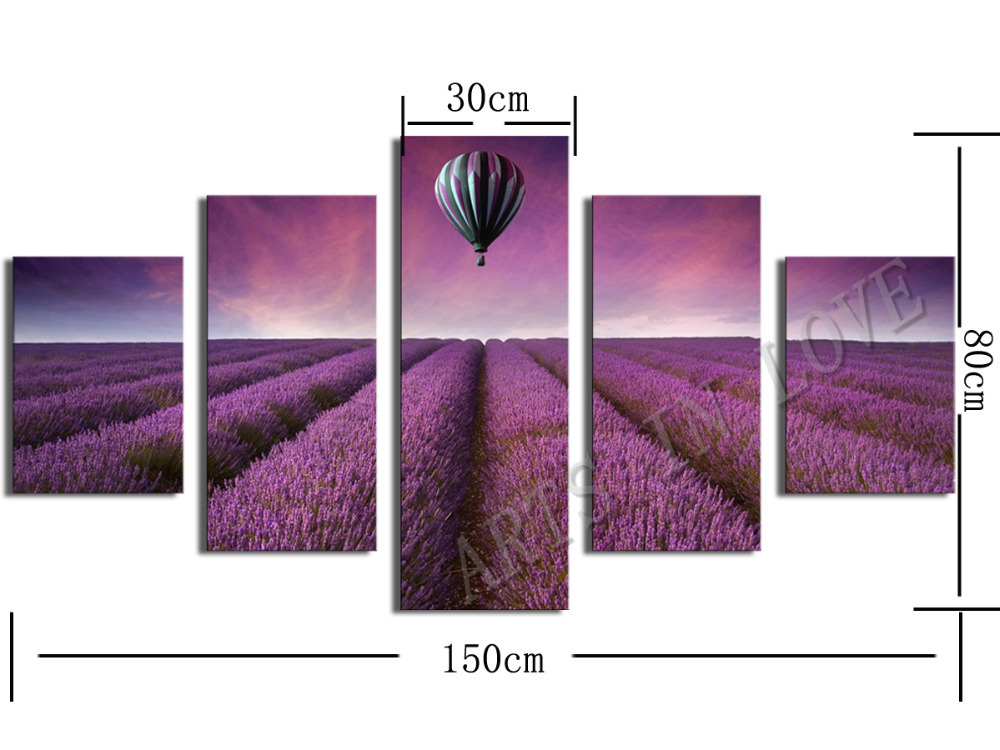 beautiful purple lavender original and air balloon, 5 panels/set hd art canvas print painting artwork wall picture unframed
