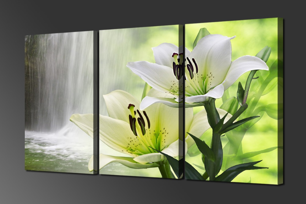 beautiful white lilies and waterfalls 3 panels/set hd picture canvas print painting art work
