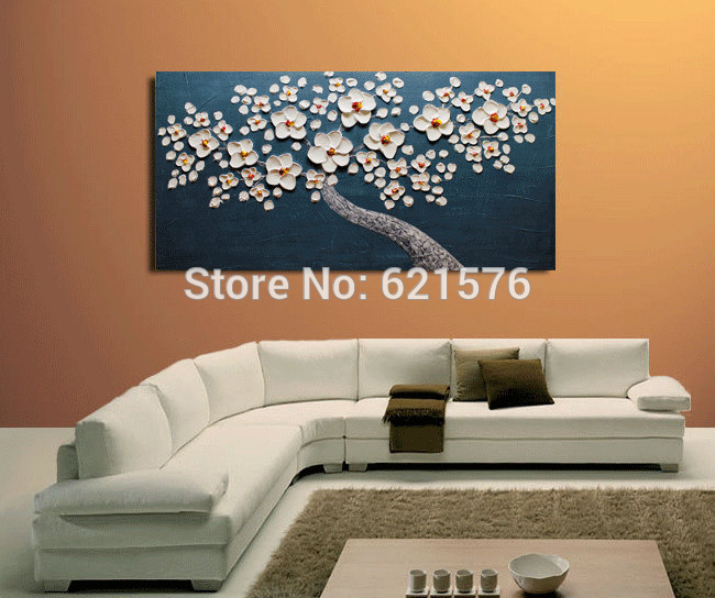 big hand-painted abstract decorative wall art picture thick palette knife white cherry blossom navy blue oil painting on canvas