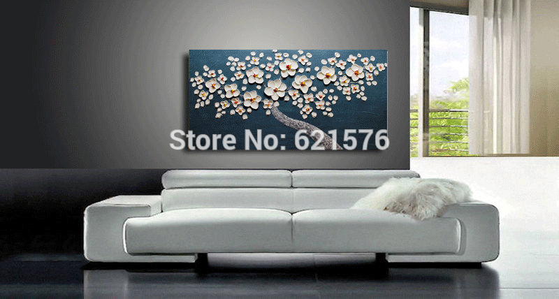 big hand-painted abstract decorative wall art picture thick palette knife white cherry blossom navy blue oil painting on canvas