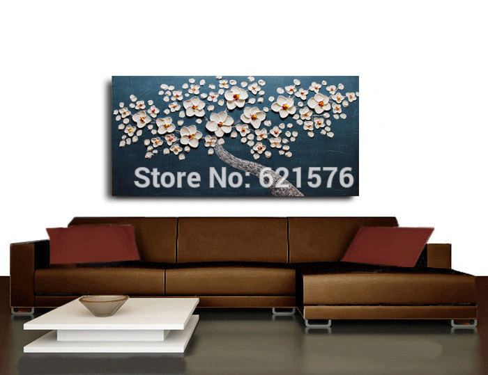 big hand-painted abstract decorative wall art picture thick palette knife white cherry blossom navy blue oil painting on canvas