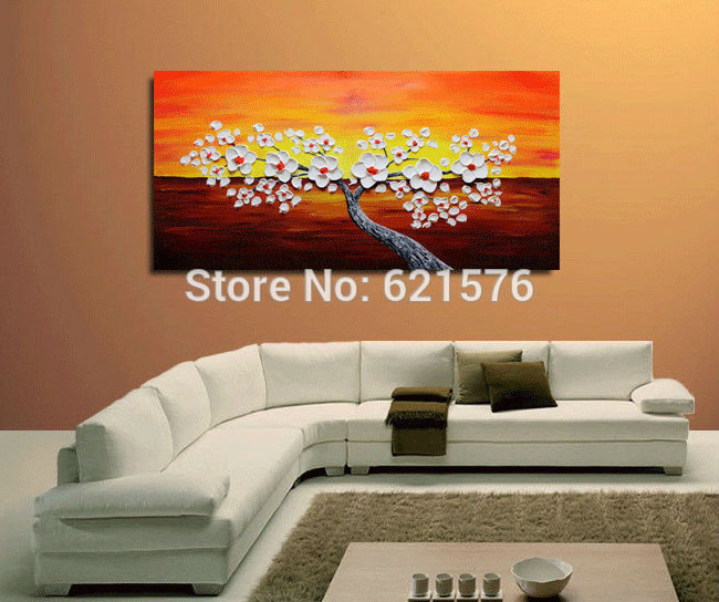 big hand-painted abstract home decor wall art picture thick palette knife white cherry blossom on orange oil painting on canvas