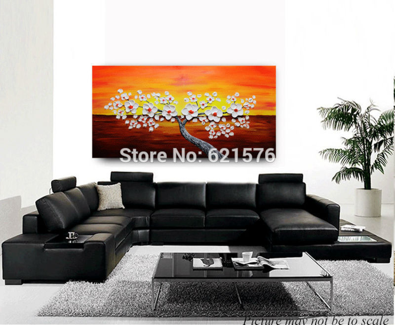 big hand-painted abstract home decor wall art picture thick palette knife white cherry blossom on orange oil painting on canvas